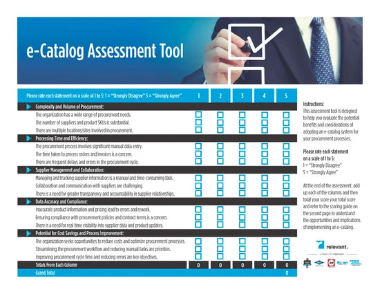 E-catalog assessment tool by Relevant Industrial, showcasing a digital resource designed to evaluate customer needs and recommend tailored industrial products and solutions from the online catalog.