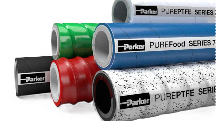 Food and beverage hoses with smooth bore design and stainless steel fittings—offered by Relevant Industrial for safe, hygienic fluid transfer in processing environments.