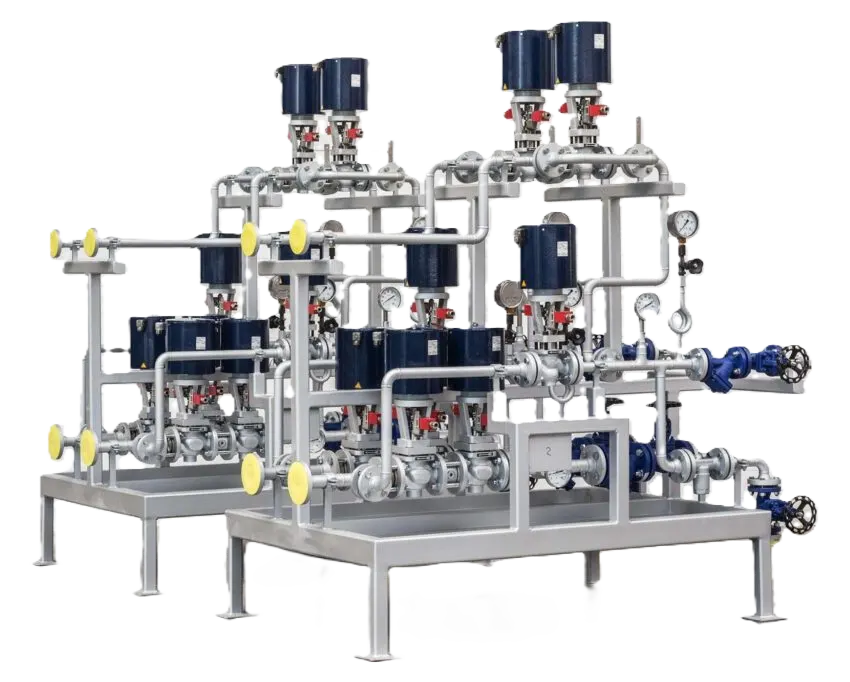 Precision-engineered valve and regulator assembly mounted in a custom skid package—designed by Relevant Industrial for reliable pressure and flow control in process systems.