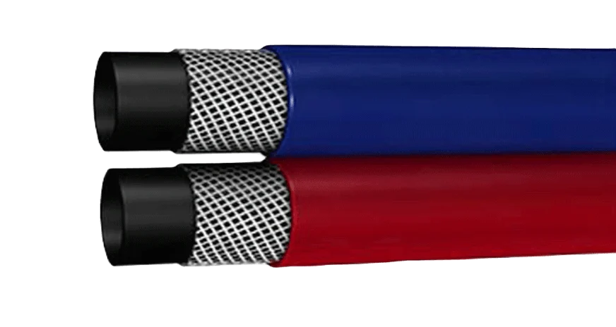Twin-line welding hose with color-coded rubber tubing and secure brass fittings—designed for safe oxygen and acetylene gas delivery in cutting and welding applications, provided by Relevant Industrial.