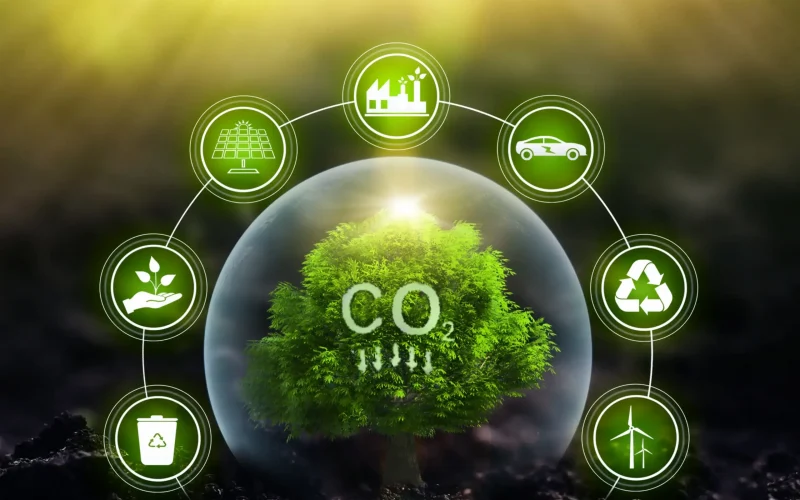 Blog image illustrating decarbonization in manufacturing, featuring clean energy, modern facilities, and emissions reduction technologies, shared by Relevant Industrial as part of a practical guide.